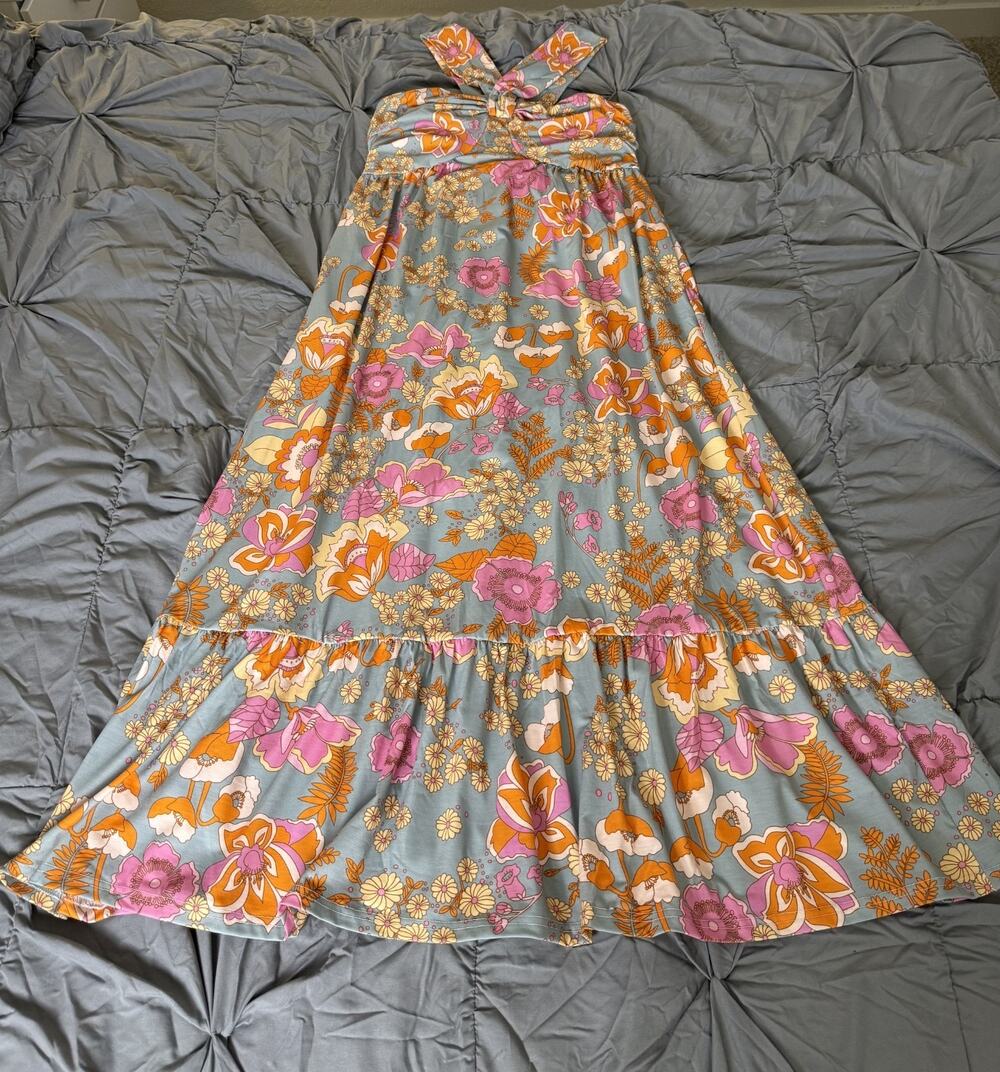 Grace Karin Halter Midi Dress Size M Orange/Pink/Gray Floral Boho Summer